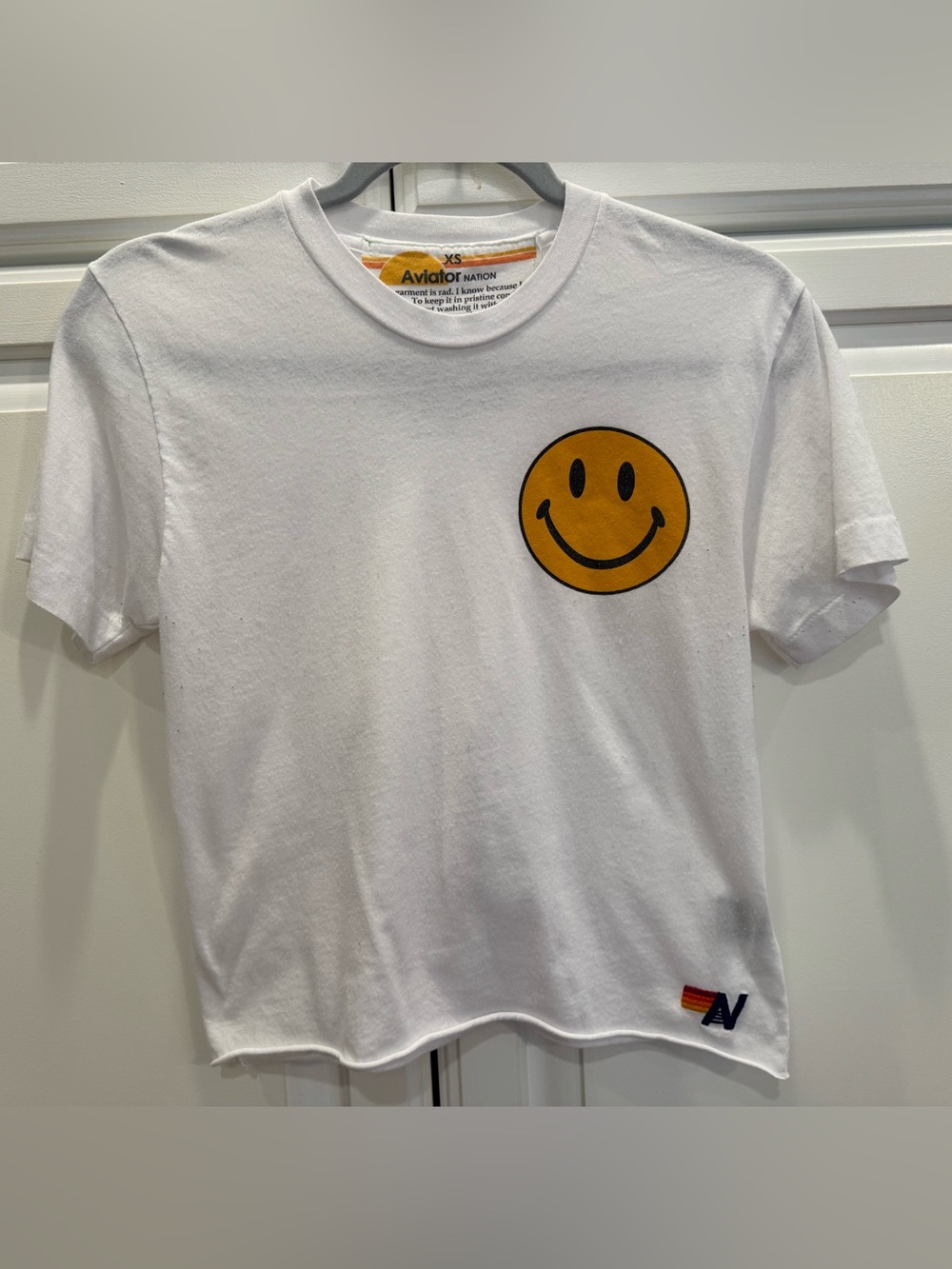Aviator Nation White Tee with Yellow Smiley Patch